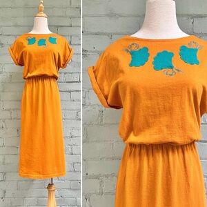 Vintage Midi T-shirt Dress with Teal Flower Appliqué